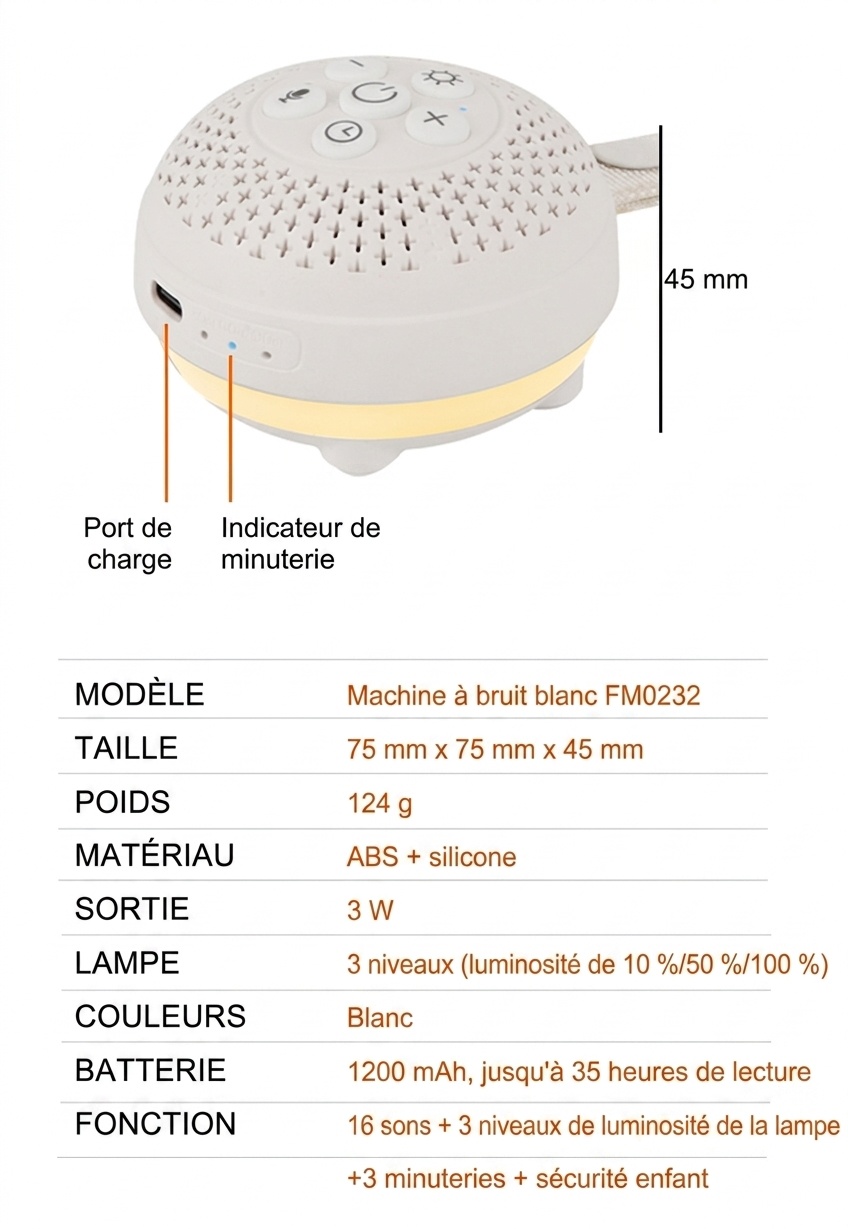 Enceinte Bluetooth portable à bruit blanc avec lumière d'aide au sommeil