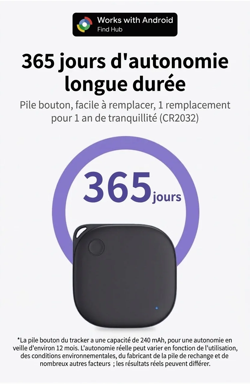 Localisateur d'objets intelligent pour Android, compatible avec Google Find Hub, traceur Bluetooth pour clés, portefeuille, bagages, résistant à l'eau IPX6, autonomie de 365 jours