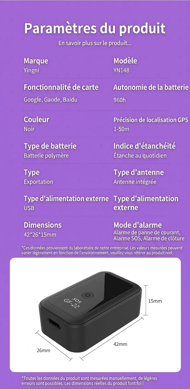 Traceur GPS miniature GF-22 pour véhicules, enfants et personnes âgées : suivi en temps réel avec appel d'urgence SOS, fixation magnétique et résistant à l'eau.