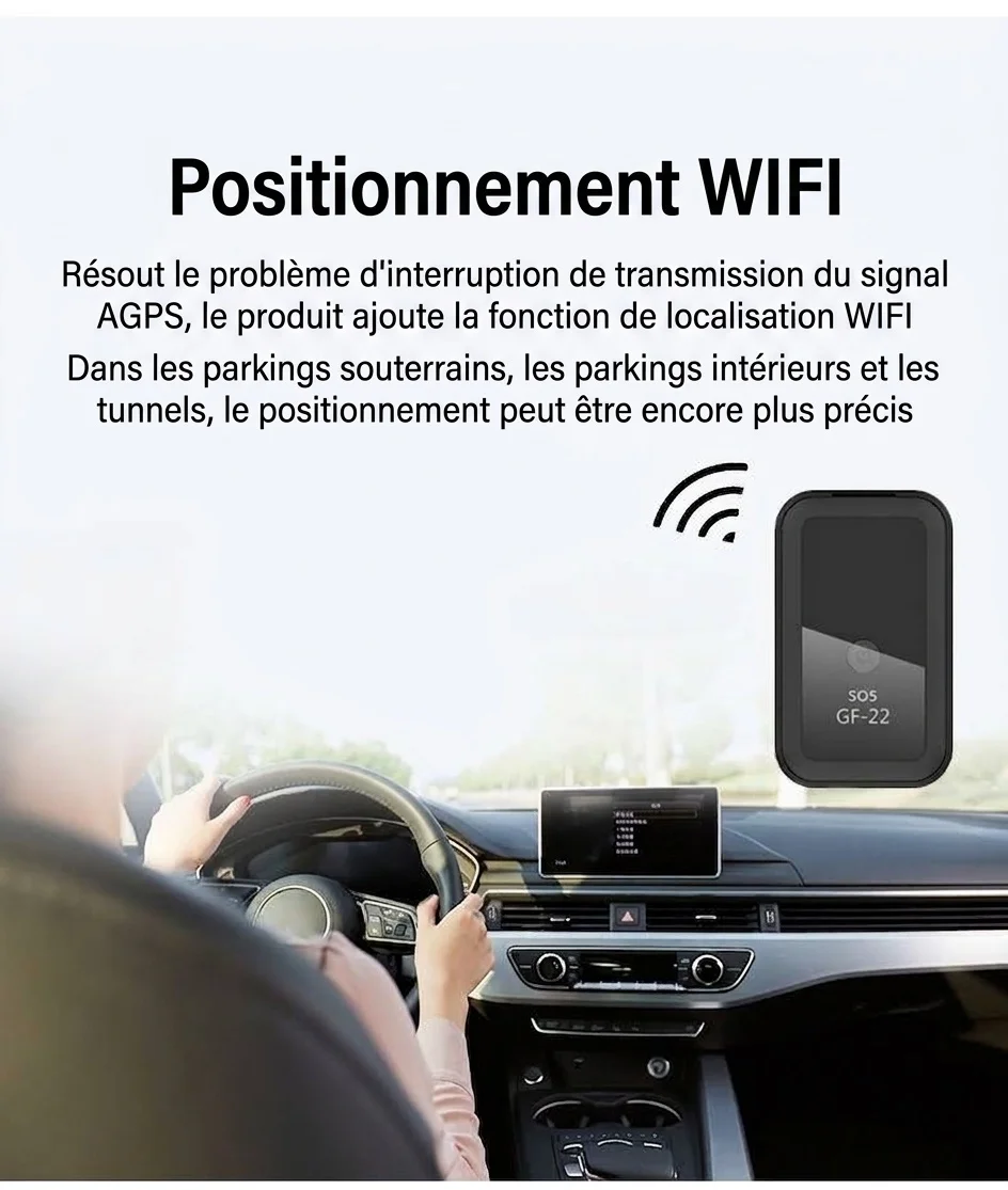 Traceur GPS miniature GF-22 pour véhicules, enfants et personnes âgées : suivi en temps réel avec appel d'urgence SOS, fixation magnétique et résistant à l'eau.