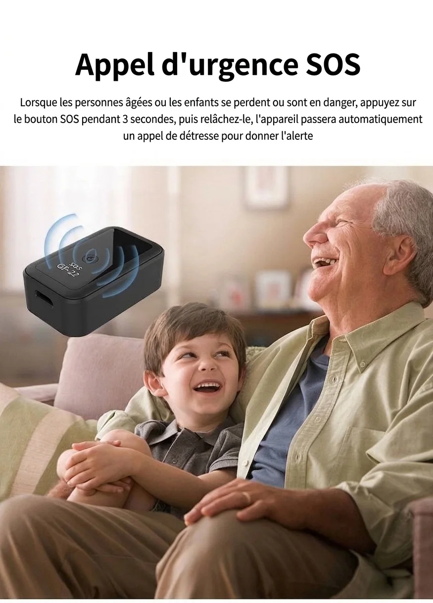 Traceur GPS miniature GF-22 pour véhicules, enfants et personnes âgées : suivi en temps réel avec appel d'urgence SOS, fixation magnétique et résistant à l'eau.