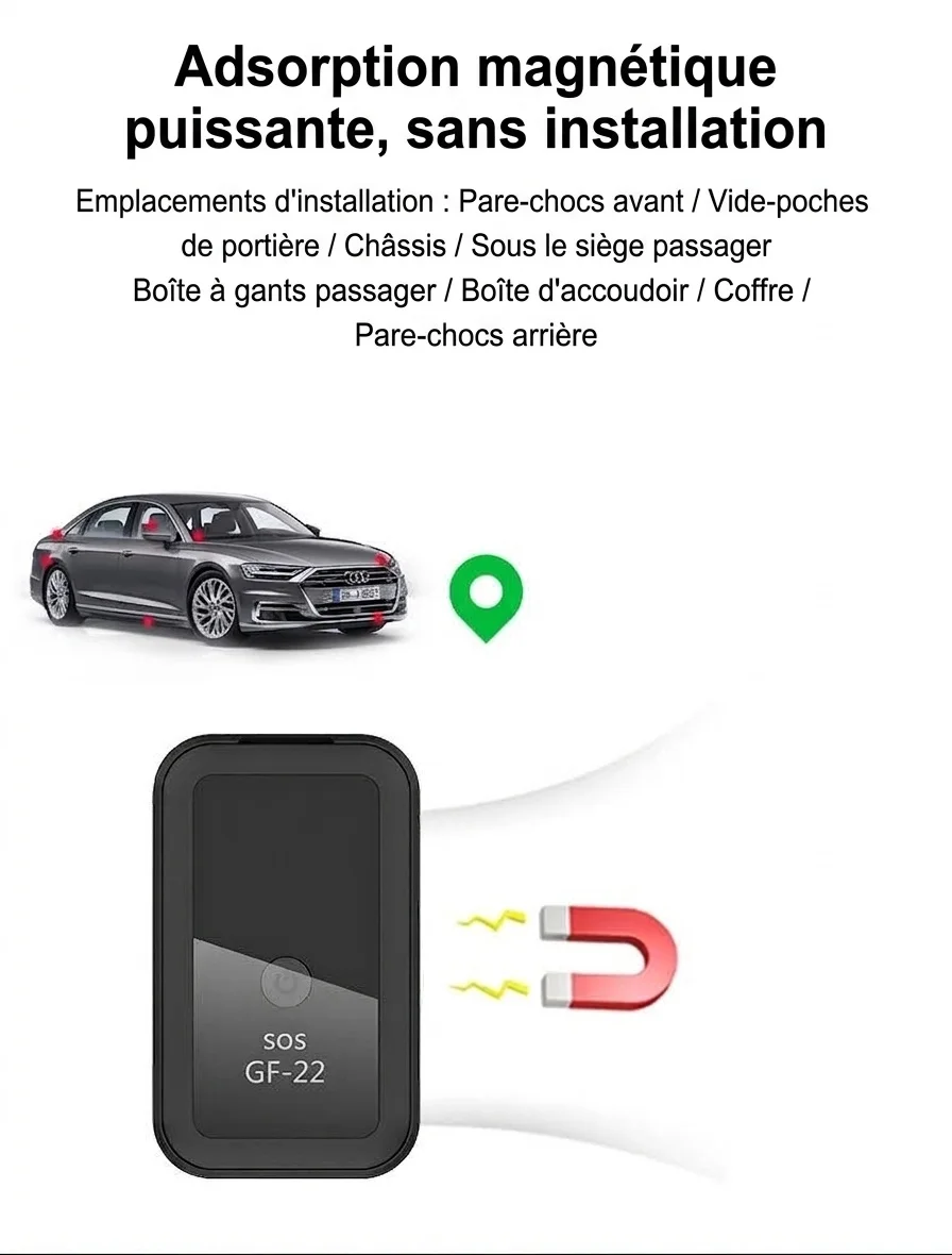 Traceur GPS miniature GF-22 pour véhicules, enfants et personnes âgées : suivi en temps réel avec appel d'urgence SOS, fixation magnétique et résistant à l'eau.