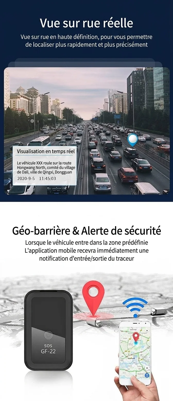 Traceur GPS miniature GF-22 pour véhicules, enfants et personnes âgées : suivi en temps réel avec appel d'urgence SOS, fixation magnétique et résistant à l'eau.