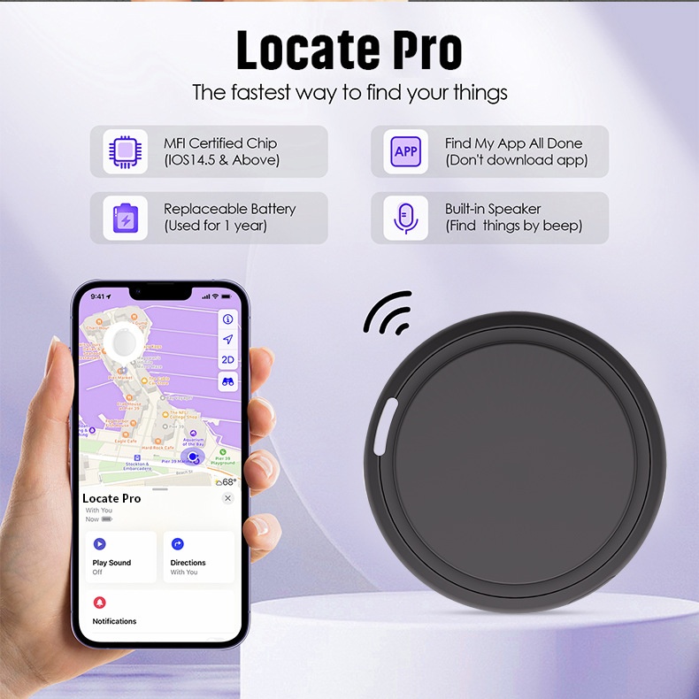 Locate Pro Smart Item Finder, Bluetooth Tracker Compatible with Apple Find My, Global Positioning, IP67 Waterproof, 1-Year Battery Life