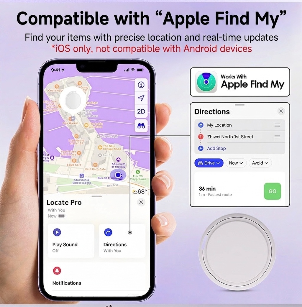 Locate Pro YN-82 Smart Item Finder, Bluetooth Tracker Compatible with Apple Find My, Global Positioning, IP67 Waterproof, 1-Year Battery Life