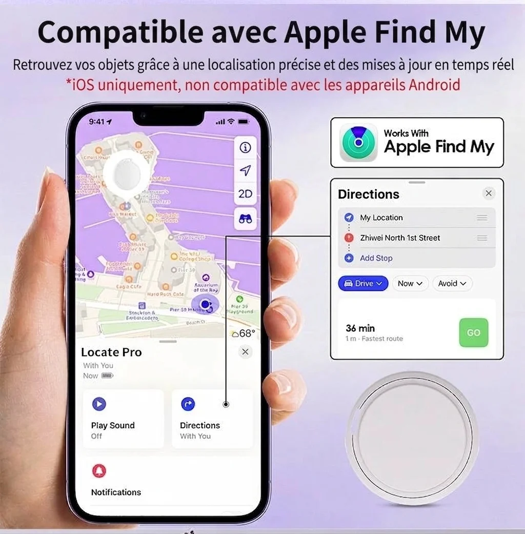 Localisateur d'objets intelligent Locate Pro, traceur Bluetooth compatible avec Localiser d'Apple, géolocalisation, étanchéité IP67, autonomie d'un an