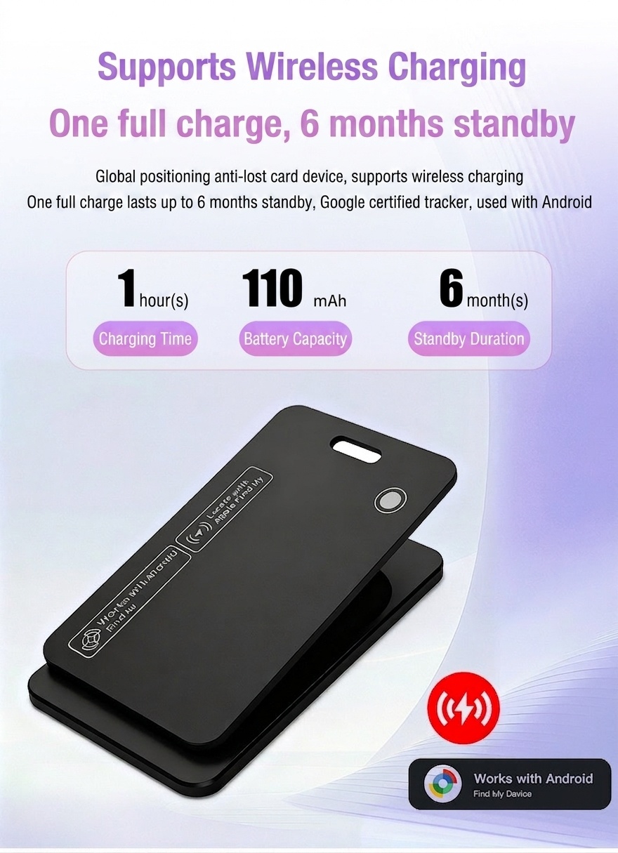 Ultra-Thin Smart Tracker Card, GPS Item Finder for Wallet, Compatible with Apple Find My & Android Find Hub, Wireless Charging, IPX7 Waterproof