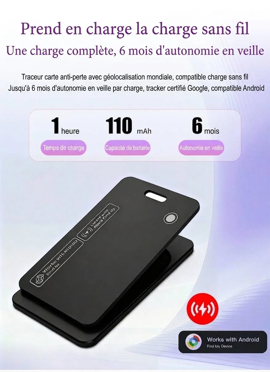 Carte de suivi intelligente ultra-fine, localisateur d'objets GPS pour portefeuille, compatible avec Localiser d'Apple et Localiser Hub d'Android, chargement sans fil, étanchéité IPX7