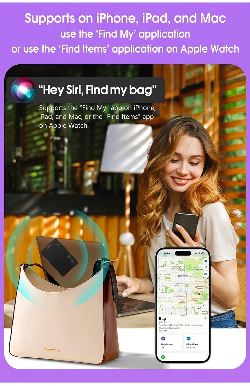 Ultra-Thin Smart Tracker Card, GPS Item Finder for Wallet, Compatible with Apple Find My & Android Find Hub, Wireless Charging, IPX7 Waterproof