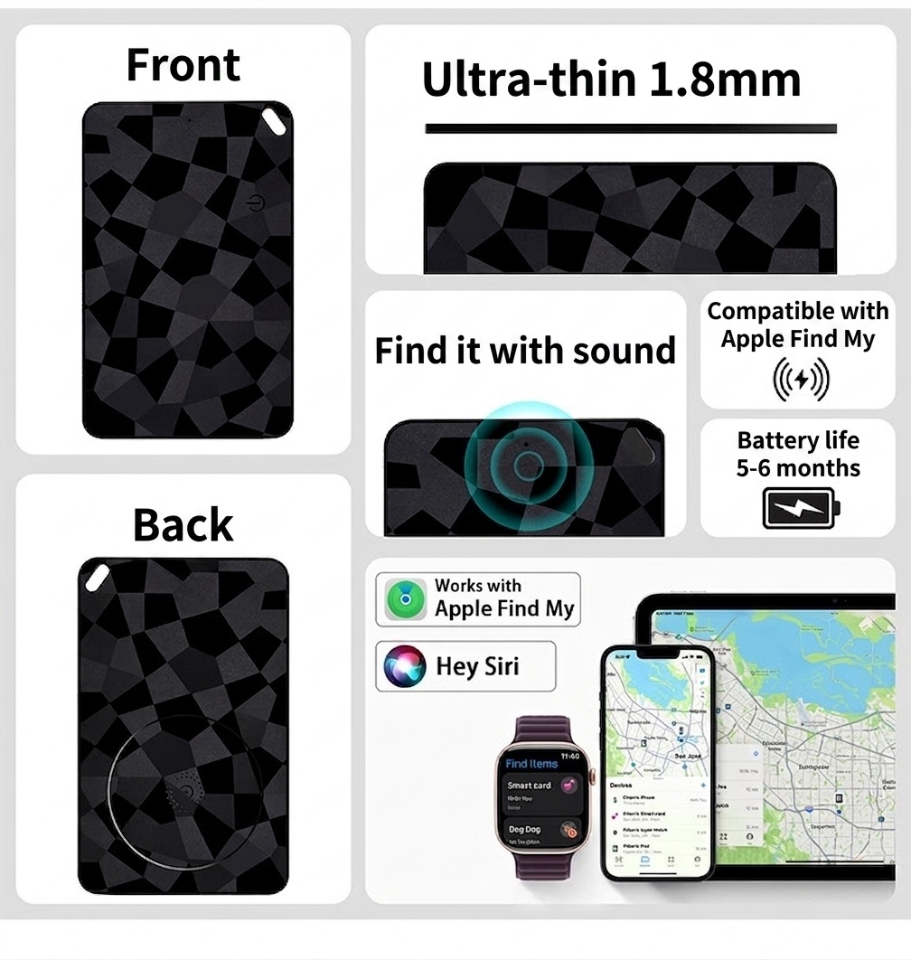 Smart Card Item Tracker for Wallet & Luggage, Compatible with Apple Find My & Android Find Hub, 2.6mm Ultra-Slim, Wireless Charging