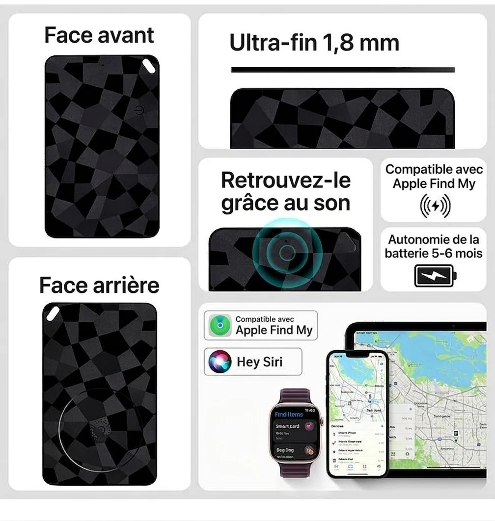 Localisateur d'objets à puce pour portefeuille et bagages, compatible avec Apple Localiser et Android Localiser Hub, ultra-fin (2,6 mm), chargement sans fil