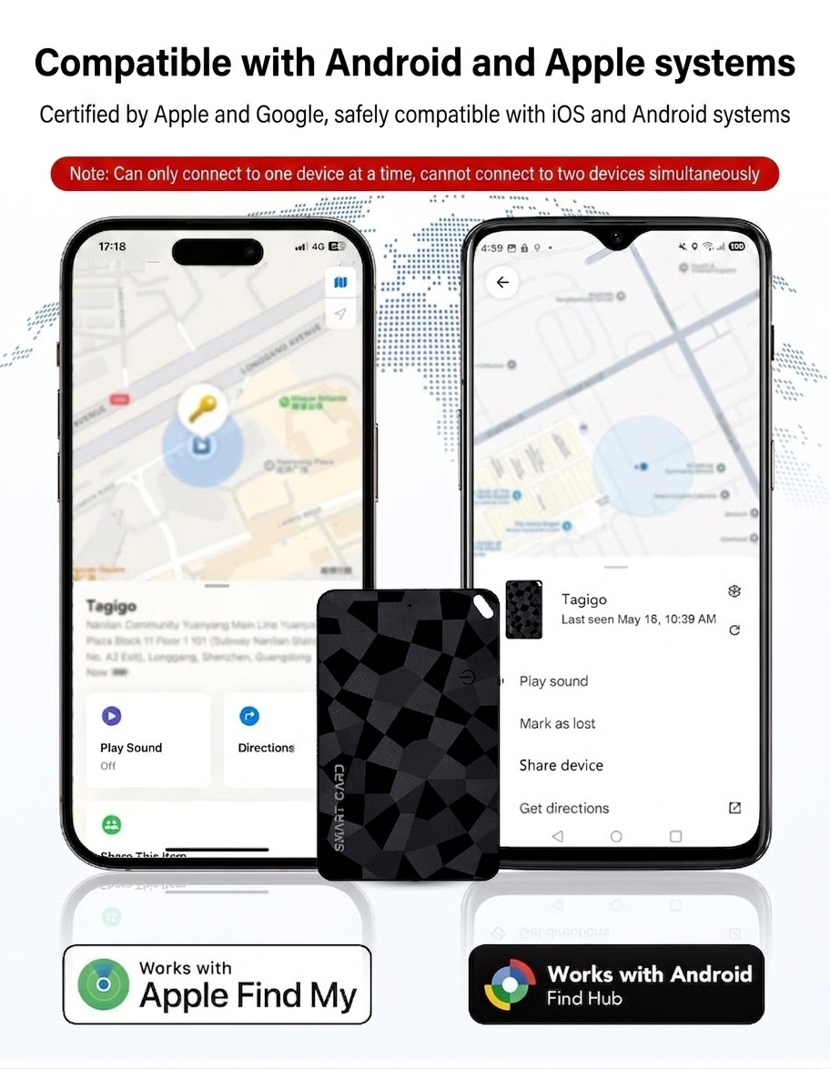 Smart Card Item Tracker for Wallet & Luggage, Compatible with Apple Find My & Android Find Hub, 2.6mm Ultra-Slim, Wireless Charging