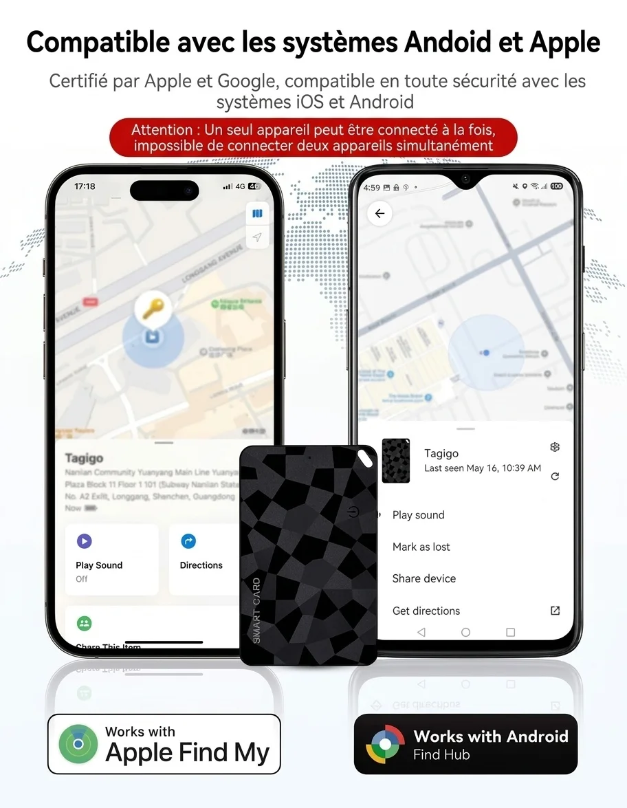 Localisateur d'objets à puce pour portefeuille et bagages, compatible avec Apple Localiser et Android Localiser Hub, ultra-fin (2,6 mm), chargement sans fil