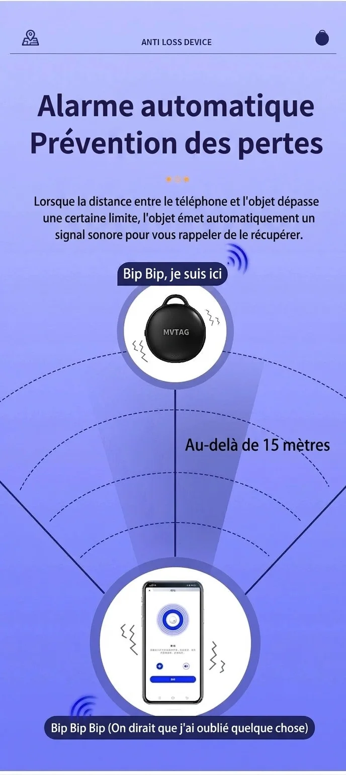 Traceur anti-perte intelligent MVTAG, localisateur GPS compatible avec la fonction « Localiser mon appareil », étanche IP67, pile remplaçable d'une durée de vie d'un an pour clés et sacs.