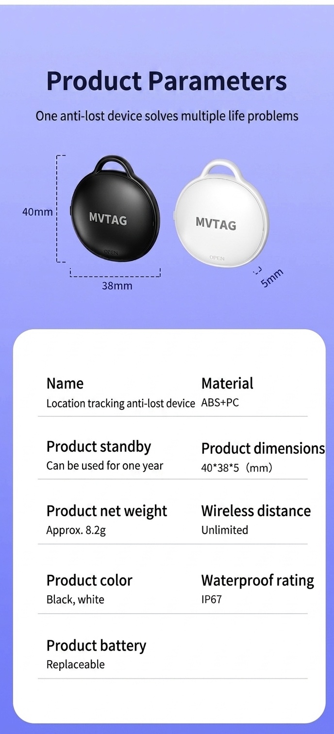 MVTAG Smart Anti-Loss Tracker, GPS Locator Compatible with Find My Device, IP67 Waterproof, 1-Year Replaceable Battery for Keys, Bags