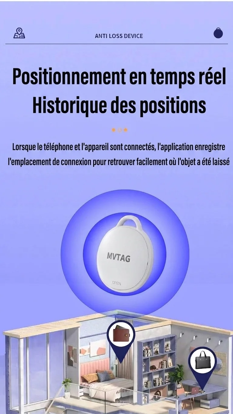 Traceur anti-perte intelligent MVTAG, localisateur GPS compatible avec la fonction « Localiser mon appareil », étanche IP67, pile remplaçable d'une durée de vie d'un an pour clés et sacs.