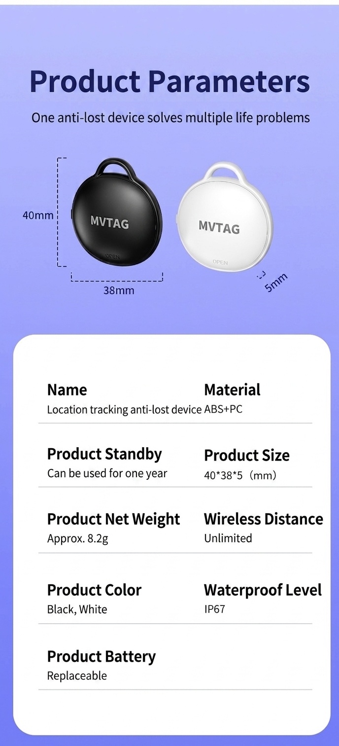 MVTAG Smart Anti-Loss Tracker, GPS Locator Compatible with Find My Device, IP67 Waterproof, 1-Year Replaceable Battery for Keys, Bags