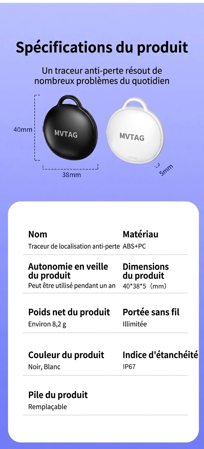 Traceur anti-perte intelligent MVTAG, localisateur GPS compatible avec la fonction « Localiser mon appareil », étanche IP67, pile remplaçable d'une durée de vie d'un an pour clés et sacs.