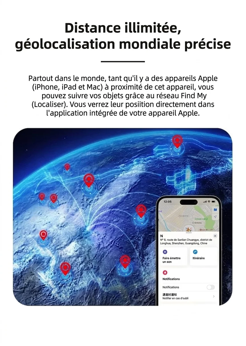 Mini traceur GPS intelligent, dispositif anti-perte Find My Network pour clés, sacs, animaux de compagnie, résistant à l'eau IPX5, longue autonomie