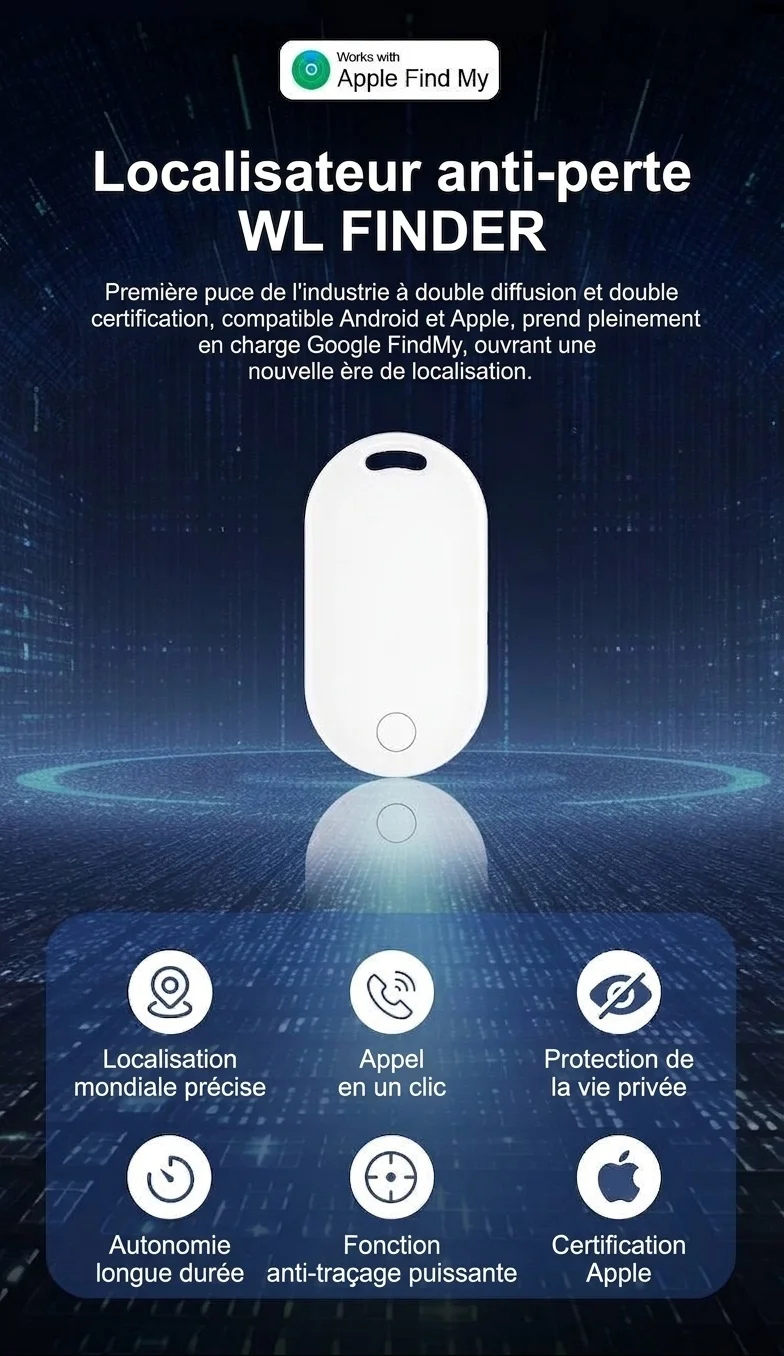 Mini traceur GPS intelligent, dispositif anti-perte Find My Network pour clés, sacs, animaux de compagnie, résistant à l'eau IPX5, longue autonomie