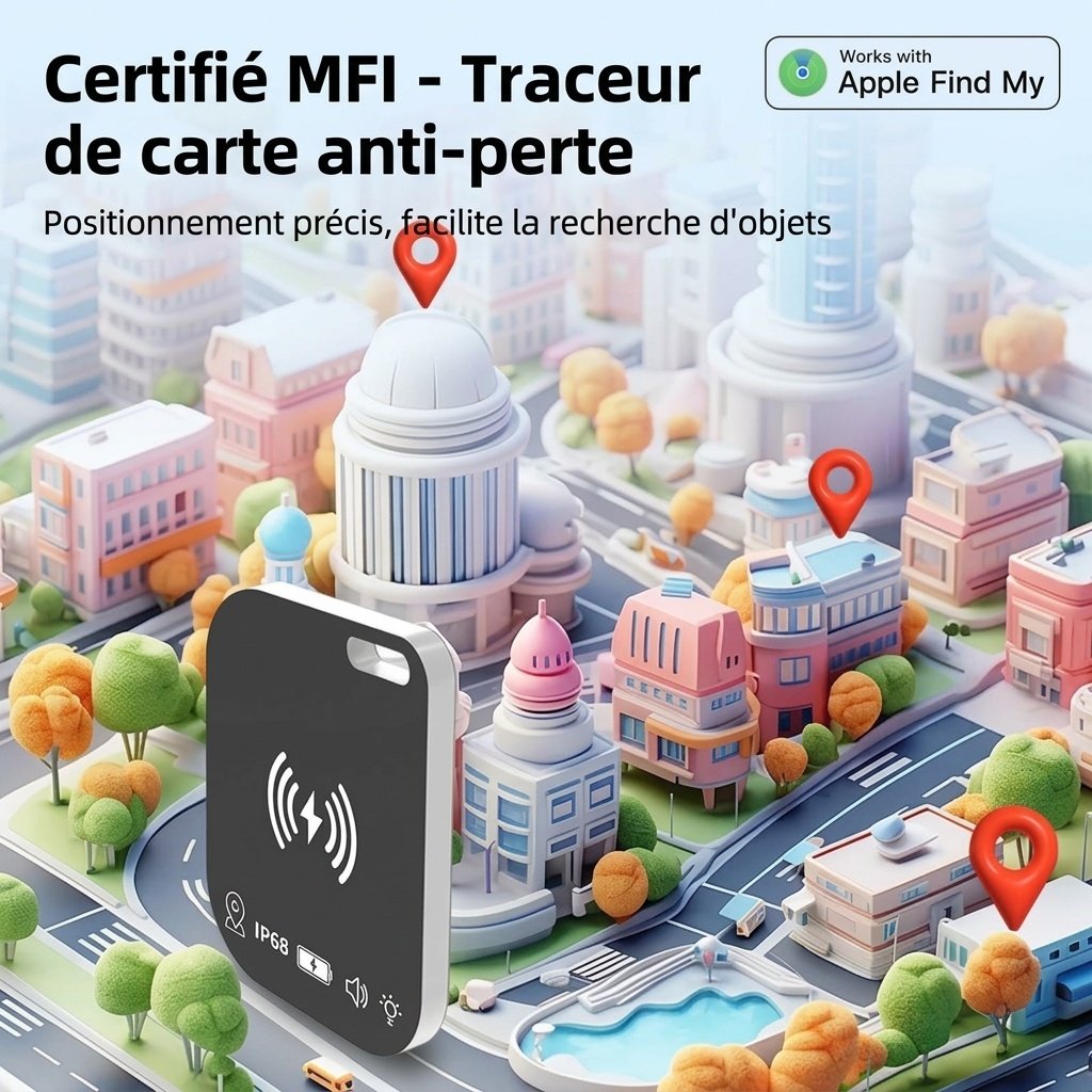 Traceur de carte à puce certifié MFi pour Apple Localiser, portefeuille et porte-clés ultra-fin, étanche IP68, chargement sans fil