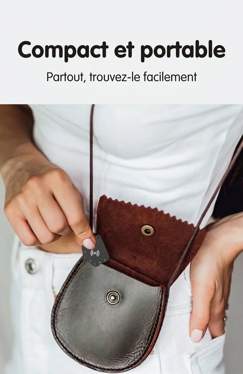 Carte de suivi intelligente compacte pour Apple Localiser, avec chargeur sans fil pour portefeuille, clés et bagages, étanche IP68, autonomie de 4 mois.