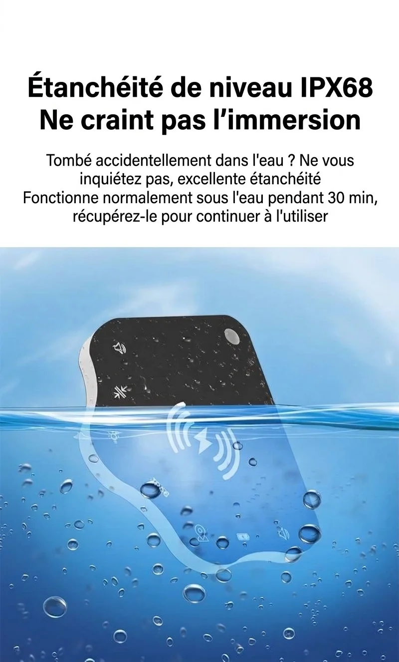 Carte de suivi intelligente compacte pour Apple Localiser, avec chargeur sans fil pour portefeuille, clés et bagages, étanche IP68, autonomie de 4 mois.