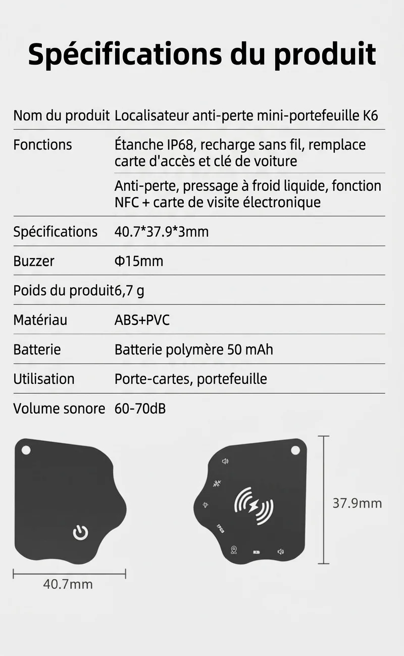 Carte de suivi intelligente compacte pour Apple Localiser, avec chargeur sans fil pour portefeuille, clés et bagages, étanche IP68, autonomie de 4 mois.