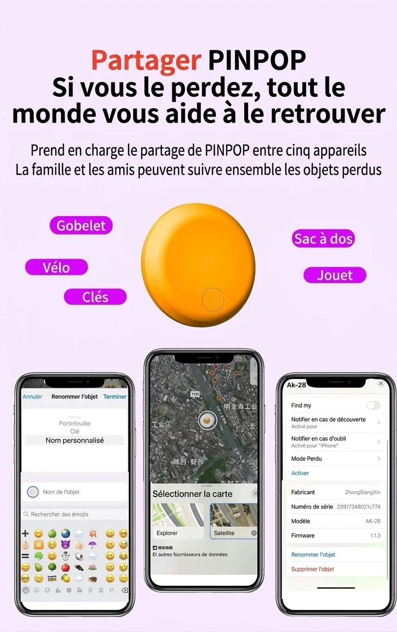 Localisateur d'objets compatible Apple, traceur GPS mondial pour clés, sacs et bagages, résistant à l'eau, autonomie de 365 jours