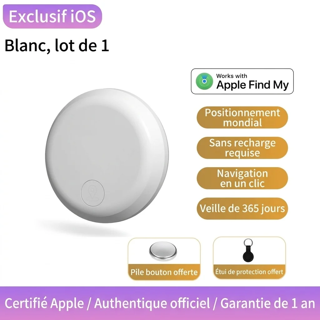 Localisateur d'objets compatible Apple, traceur GPS mondial pour clés, sacs et bagages, résistant à l'eau, autonomie de 365 jours