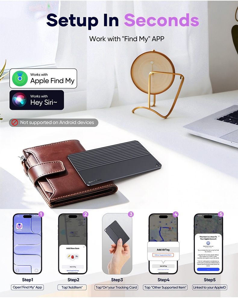 Ultra-Slim Smart Card Tracker for Wallet & Luggage, Works with Apple Find My & Android Find Hub, 5-Year Battery Life, Global Positioning Item Locator with Loud Speaker