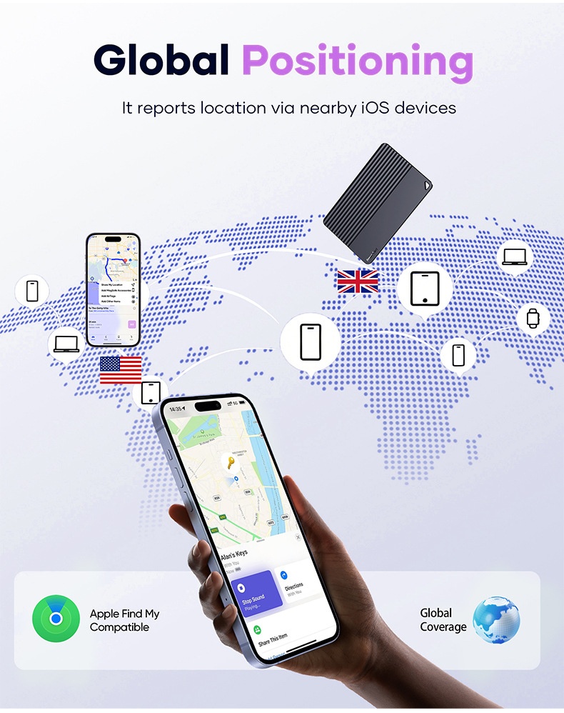 Ultra-Slim Smart Card Tracker for Wallet & Luggage, Works with Apple Find My & Android Find Hub, 5-Year Battery Life, Global Positioning Item Locator with Loud Speaker