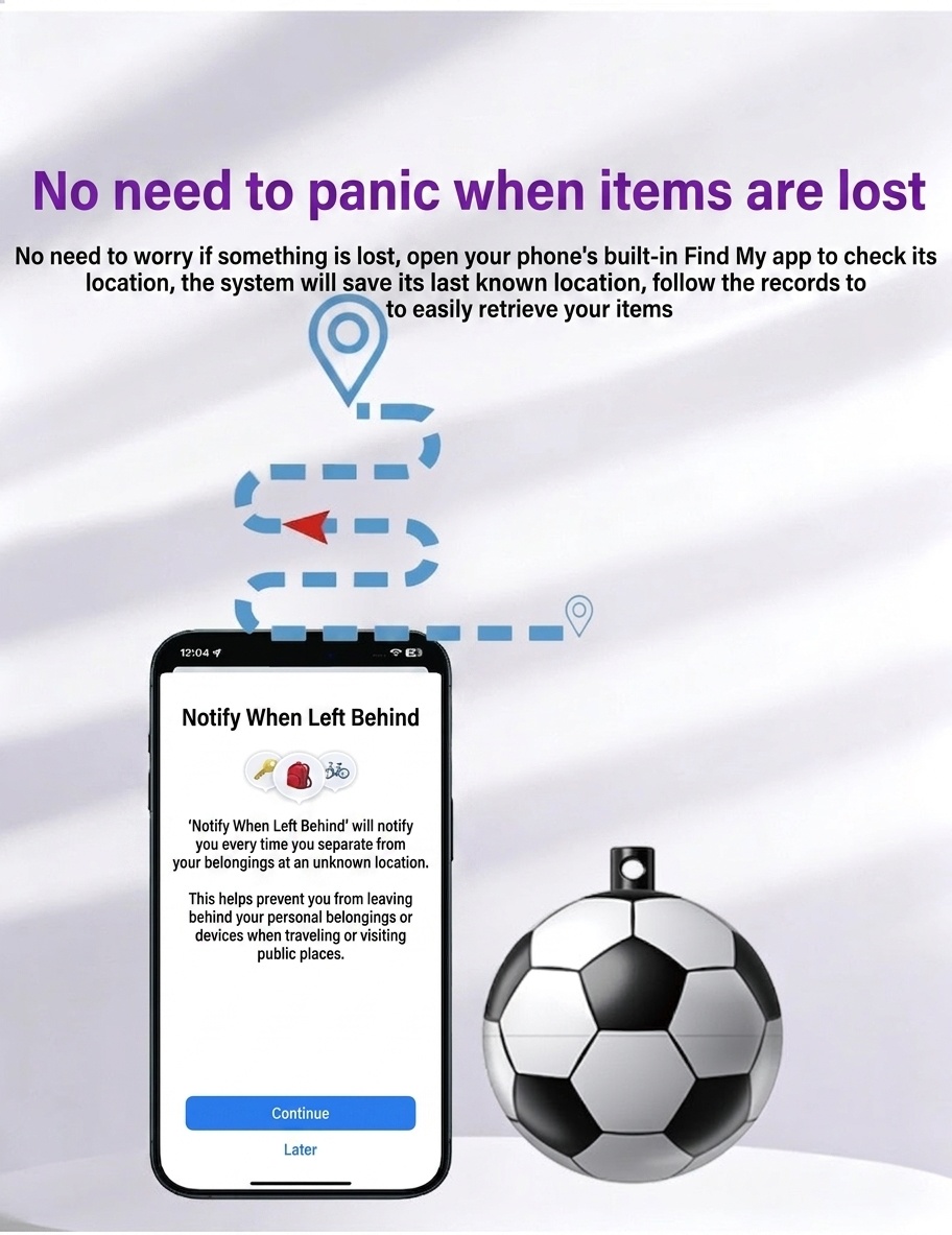 Soccer Ball Smart Tracker, Apple Find My Compatible Global GPS Locator, Anti-Lost Alert Item Finder, IP68 Waterproof, 30-Month Battery Life