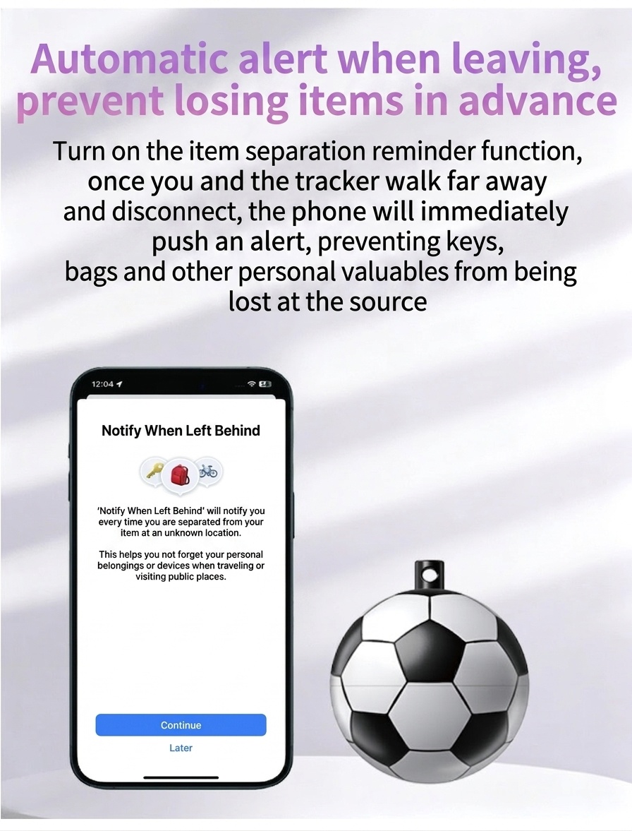 Soccer Ball Smart Tracker, Apple Find My Compatible Global GPS Locator, Anti-Lost Alert Item Finder, IP68 Waterproof, 30-Month Battery Life