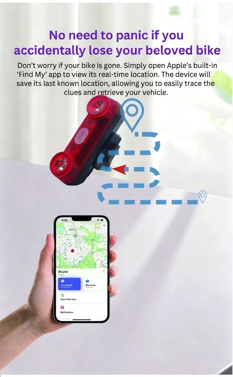 GPS Bike Tail Light with Apple Find My Integration, Anti-Theft Bicycle Tracker, 800mAh Rechargeable Battery, IPX4 Waterproof Bright LED Safety Light