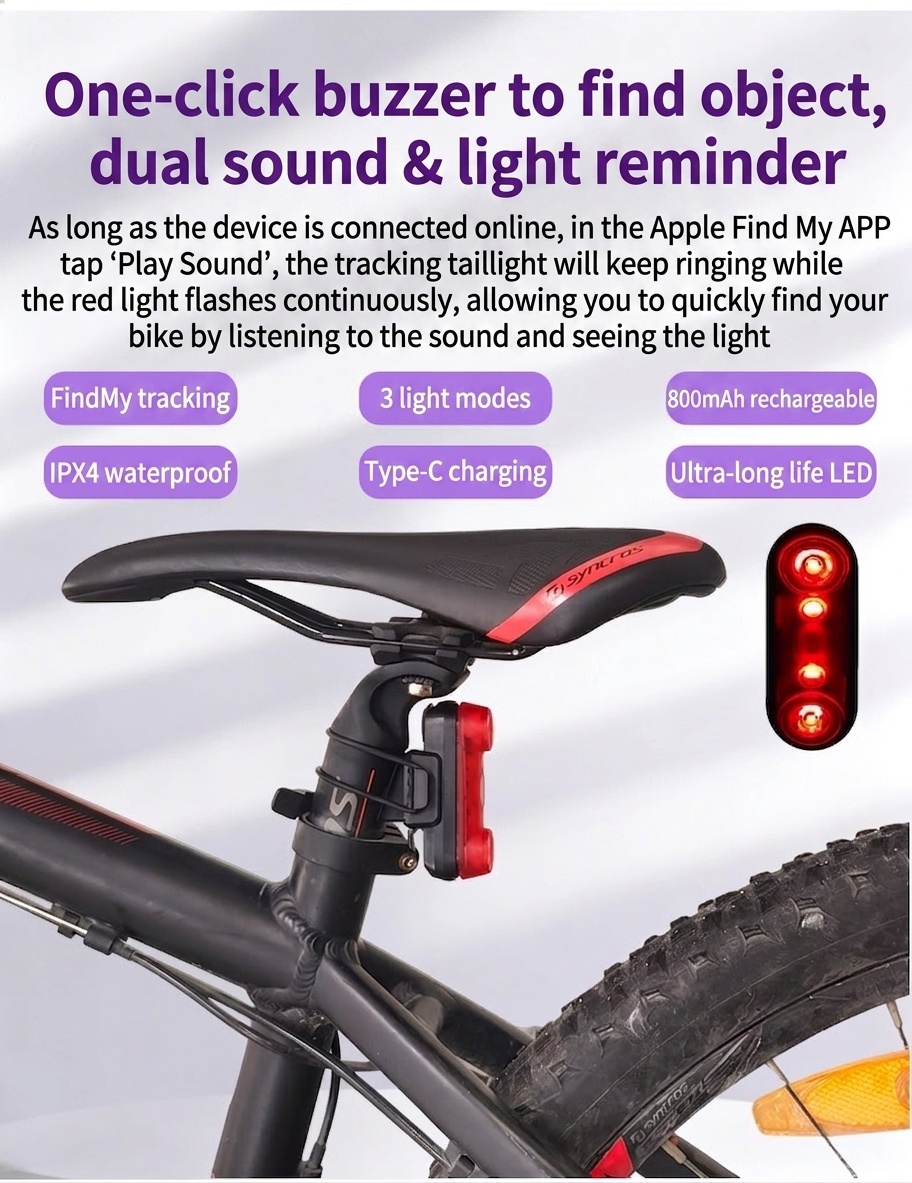 GPS Bike Tail Light with Apple Find My Integration, Anti-Theft Bicycle Tracker, 800mAh Rechargeable Battery, IPX4 Waterproof Bright LED Safety Light