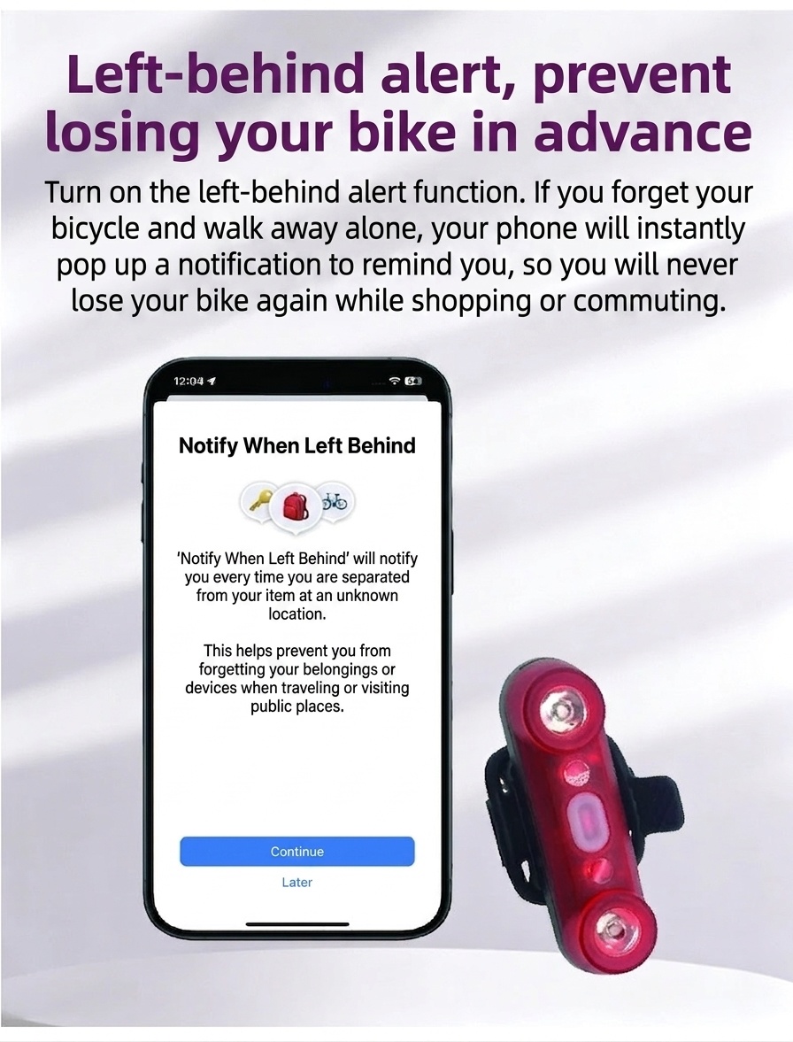 GPS Bike Tail Light with Apple Find My Integration, Anti-Theft Bicycle Tracker, 800mAh Rechargeable Battery, IPX4 Waterproof Bright LED Safety Light