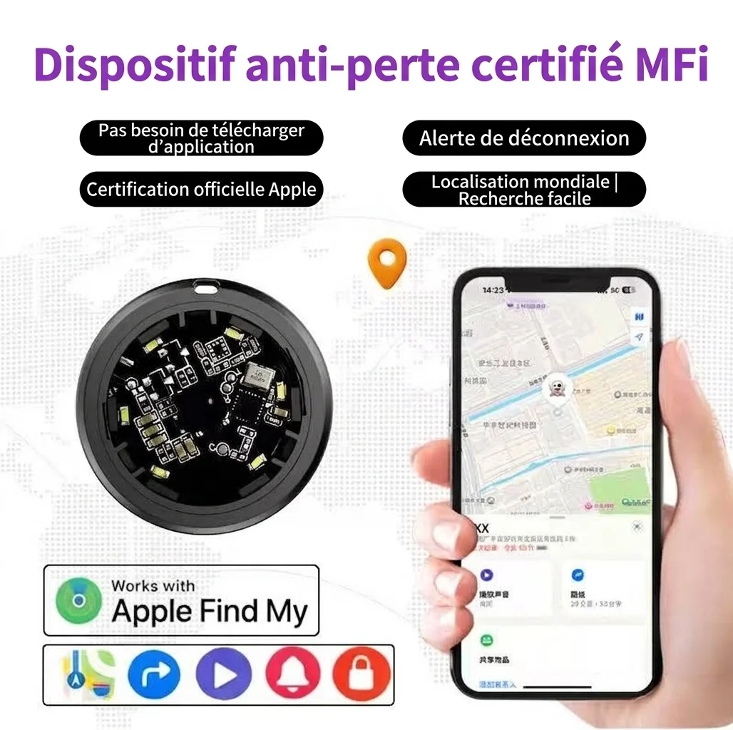 Traceur Bluetooth intelligent certifié MFi, compatible avec Localiser mon téléphone Apple, géolocalisateur d'objets, longue autonomie, dispositif anti-perte pour clés, portefeuille, bagages