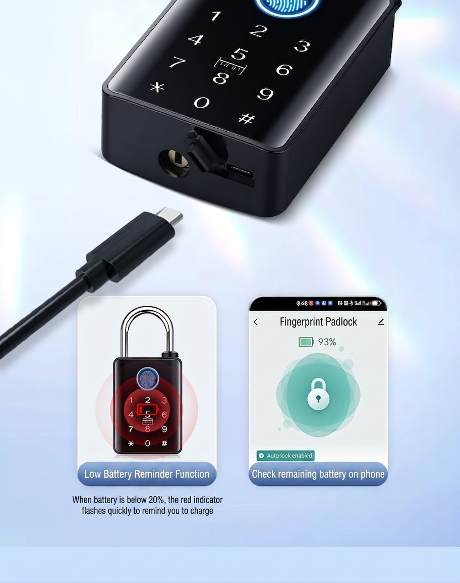 Smart Fingerprint Padlock, Keyless Bluetooth App Control Security Lock, 365-Day Standby Battery, Zinc Alloy Double Waterproof Design for Gym, Locker, Outdoor