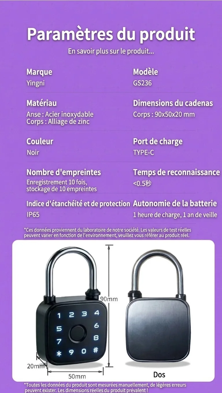 Cadenas intelligent sans clé à empreinte digitale, déverrouillage biométrique instantané, contrôle Bluetooth, boîtier en alliage de zinc étanche IP65, autonomie en veille d'un an
