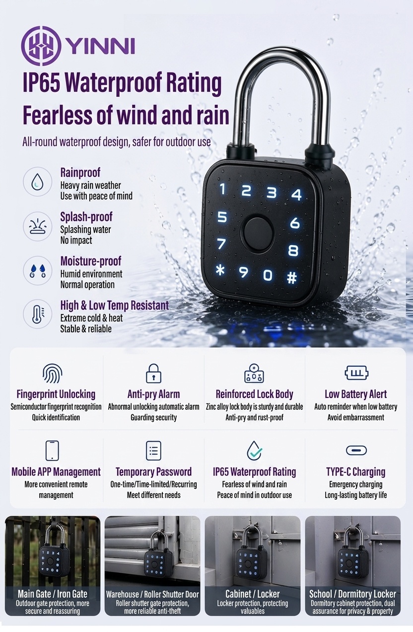 Keyless Smart Fingerprint Padlock, Instant Biometric Unlock Security Lock with Bluetooth Control, IP65 Waterproof Zinc Alloy Body, 1-Year Standby Time