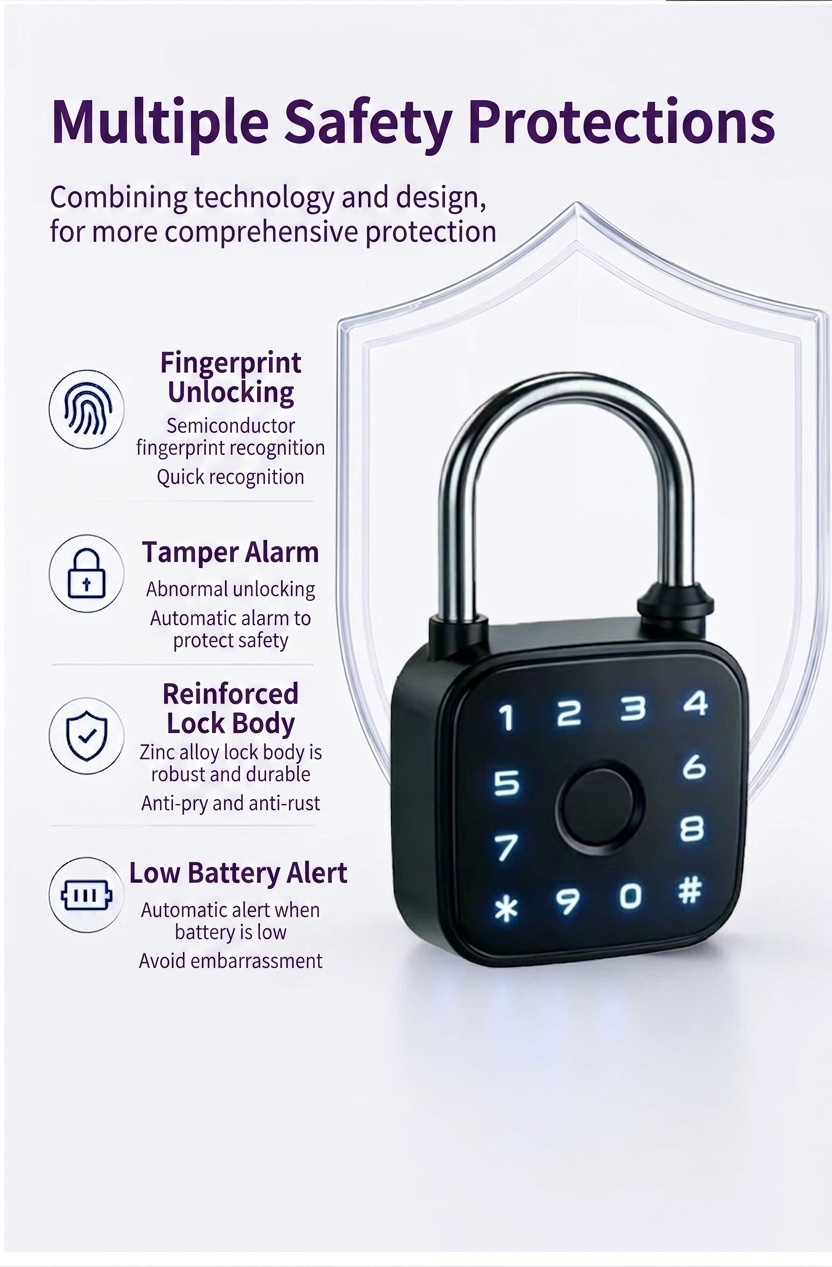 Keyless Smart Fingerprint Padlock, Instant Biometric Unlock Security Lock with Bluetooth Control, IP65 Waterproof Zinc Alloy Body, 1-Year Standby Time
