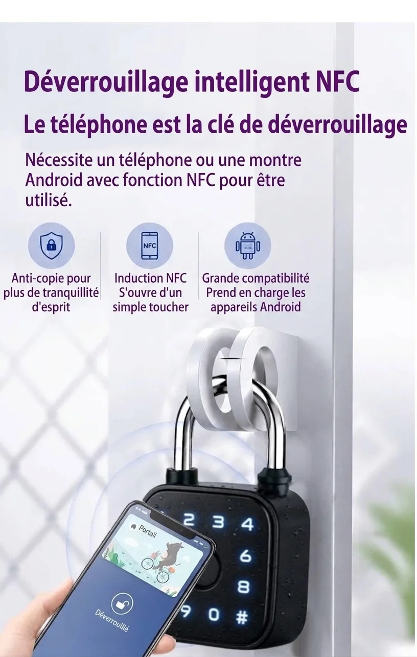 Cadenas intelligent sans clé à empreinte digitale, déverrouillage biométrique instantané, contrôle Bluetooth, boîtier en alliage de zinc étanche IP65, autonomie en veille d'un an