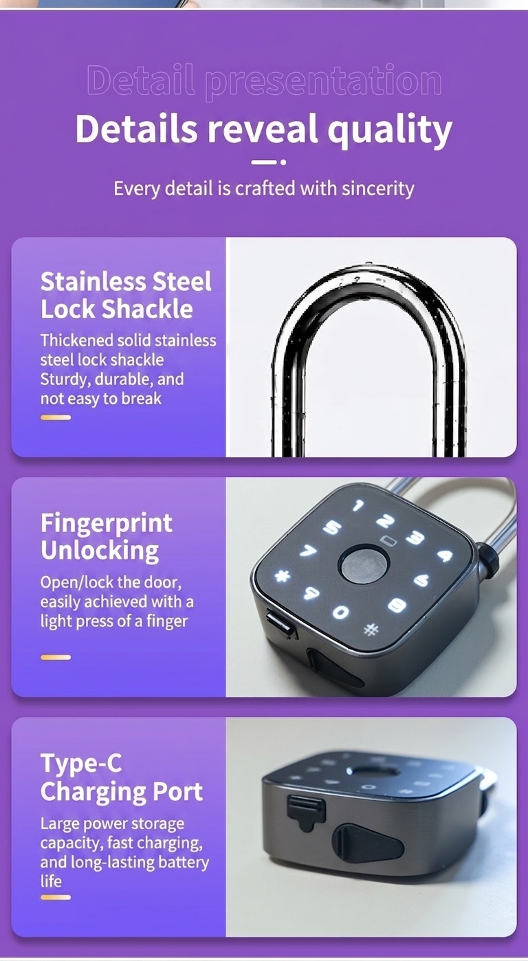 Keyless Smart Fingerprint Padlock, Instant Biometric Unlock Security Lock with Bluetooth Control, IP65 Waterproof Zinc Alloy Body, 1-Year Standby Time