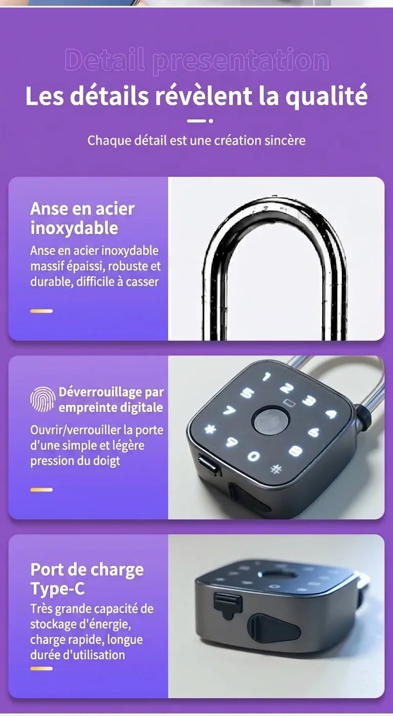 Cadenas intelligent sans clé à empreinte digitale, déverrouillage biométrique instantané, contrôle Bluetooth, boîtier en alliage de zinc étanche IP65, autonomie en veille d'un an