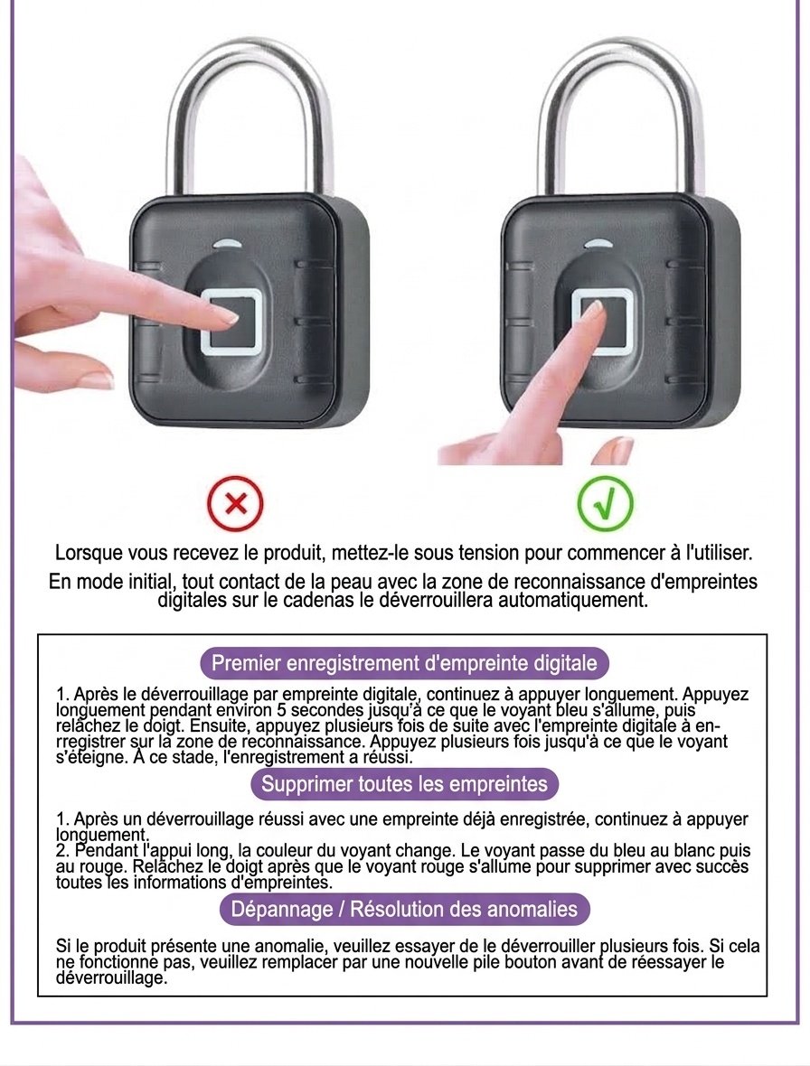 Cadenas intelligent haute résistance à empreinte digitale, déverrouillage par application Bluetooth, étanchéité IP67, anse en acier inoxydable 304, autonomie de 12 mois.