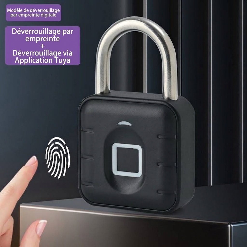 Cadenas intelligent haute résistance à empreinte digitale, déverrouillage par application Bluetooth, étanchéité IP67, anse en acier inoxydable 304, autonomie de 12 mois.