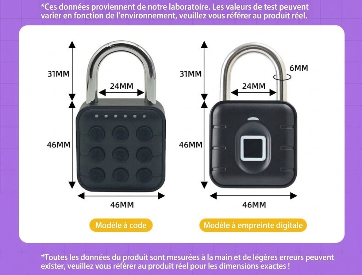 Cadenas intelligent haute résistance à empreinte digitale, déverrouillage par application Bluetooth, étanchéité IP67, anse en acier inoxydable 304, autonomie de 12 mois.