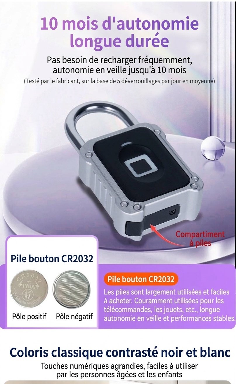 Cadenas intelligent 2 en 1 avec déverrouillage par empreinte digitale et clavier, verrouillage de sécurité contrôlé par application Bluetooth, boîtier en alliage de zinc étanche IPX5, autonomie de 10 mois