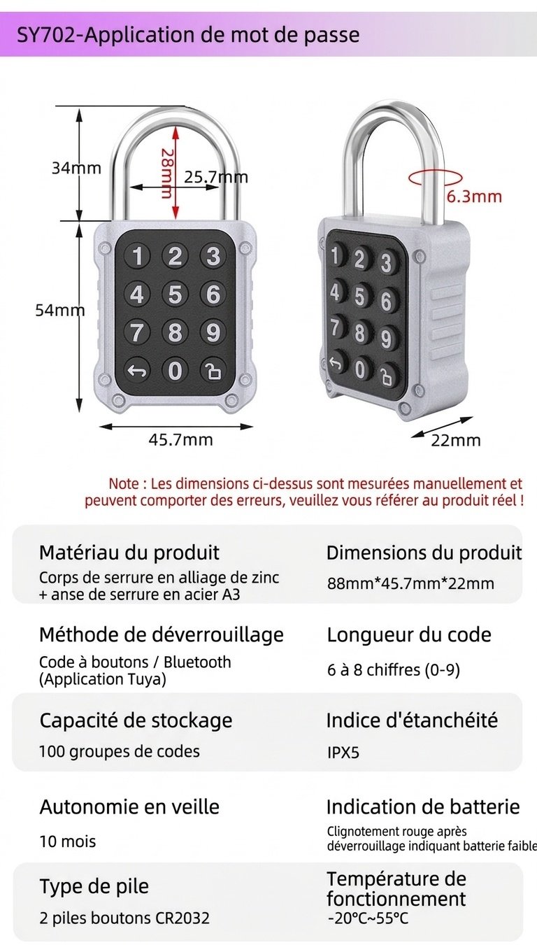 Cadenas intelligent 2 en 1 avec déverrouillage par empreinte digitale et clavier, verrouillage de sécurité contrôlé par application Bluetooth, boîtier en alliage de zinc étanche IPX5, autonomie de 10 mois